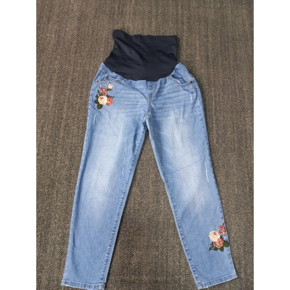 A:Glow Maternity Jeans Size 10 Cropped Women's Blue Denim Embroidered